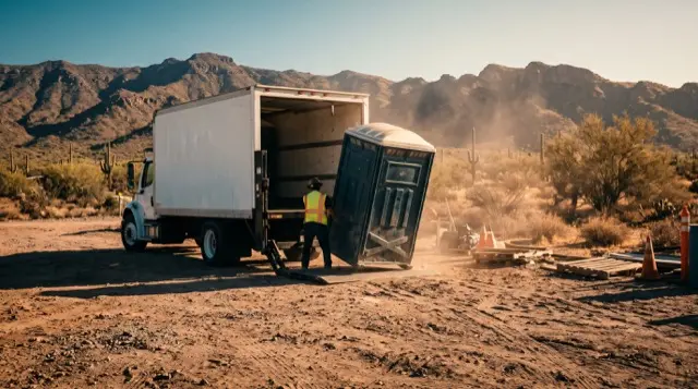 Delivery truck unloading a portable toilet at an Arizona job site