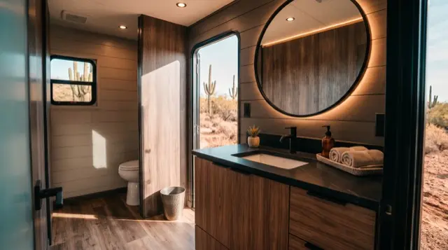 Interior of a luxury restroom trailer with vanity and mirror