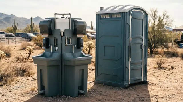 Handwashing station beside a portable toilet at an outdoor event