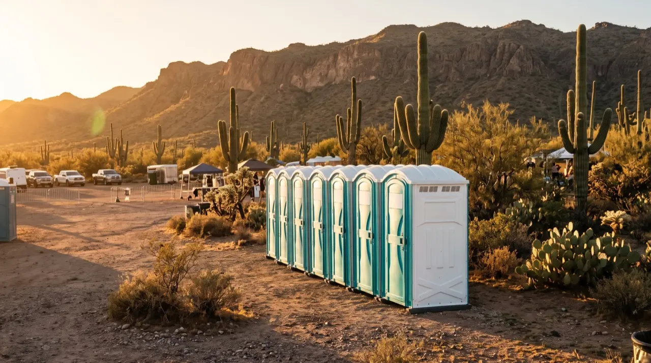 Clean portable toilets lined up at an Arizona desert event site at golden hour