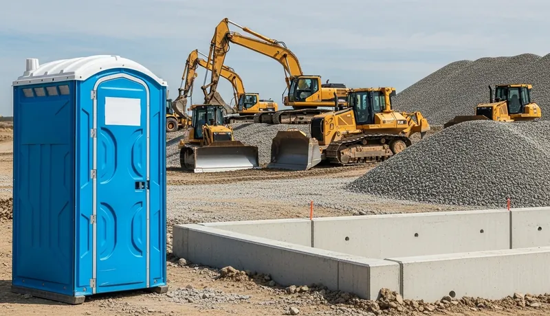 Two standard porta potty rental units placed securely at a commercial framing construction site in Arizona, AZ.