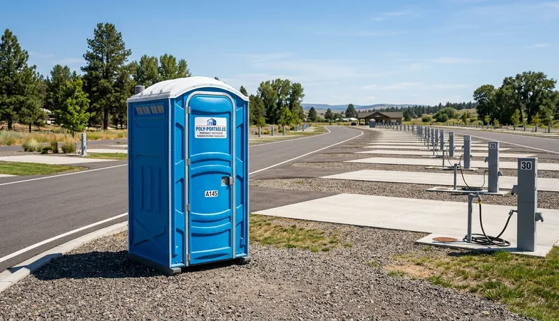 Rows of freshly sanitized standard portable toilets stored at the Arizona Porta Potty equipment yard in Arizona, AZ.