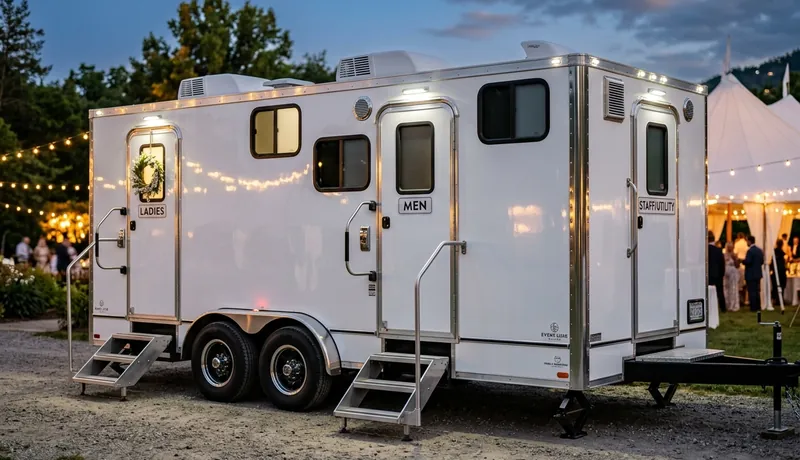 Luxury restroom trailer exterior at our facility