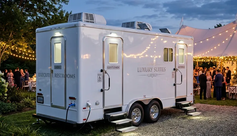 4-stall luxury trailer staged for an upscale wedding venue in Arizona, AZ